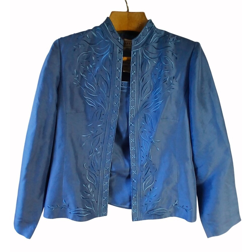 Adrianna Papell Blue Embroidered Silk Jacket Shell Size 12 Womens Embroidered - Picture 2 of 16